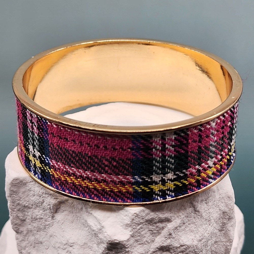 Gold Tone Pink Plaid Tartan Fabric Wide Bangle Bracelet Preppy Statement Jewelry